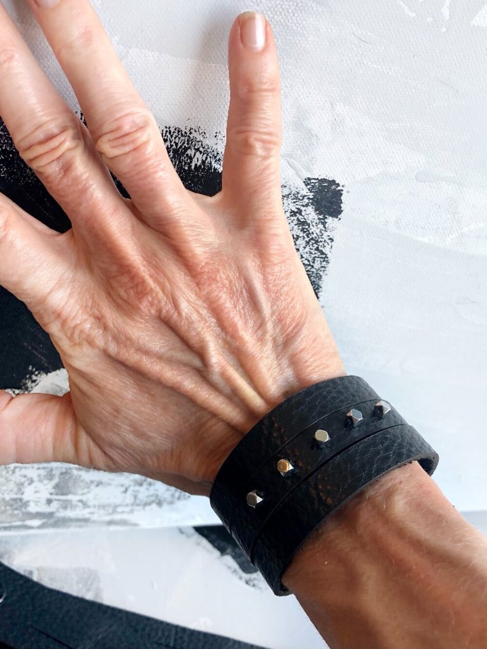 MishaGirl Handmade Black Beaded Leather Cuff Bracelet with Slits